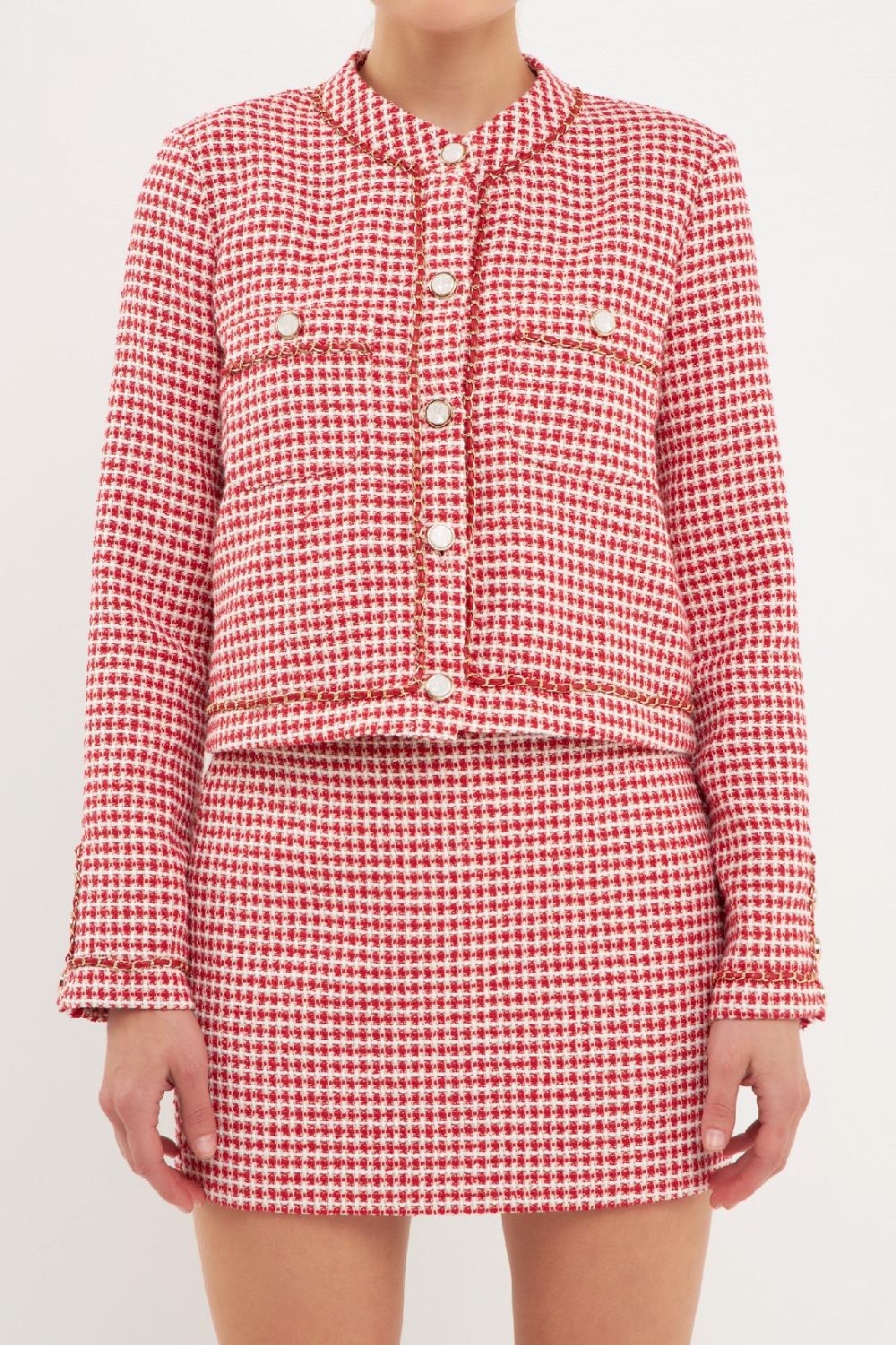 Endless Rose Gold Tweed Speckled Mini Tweed Check Blazer RED