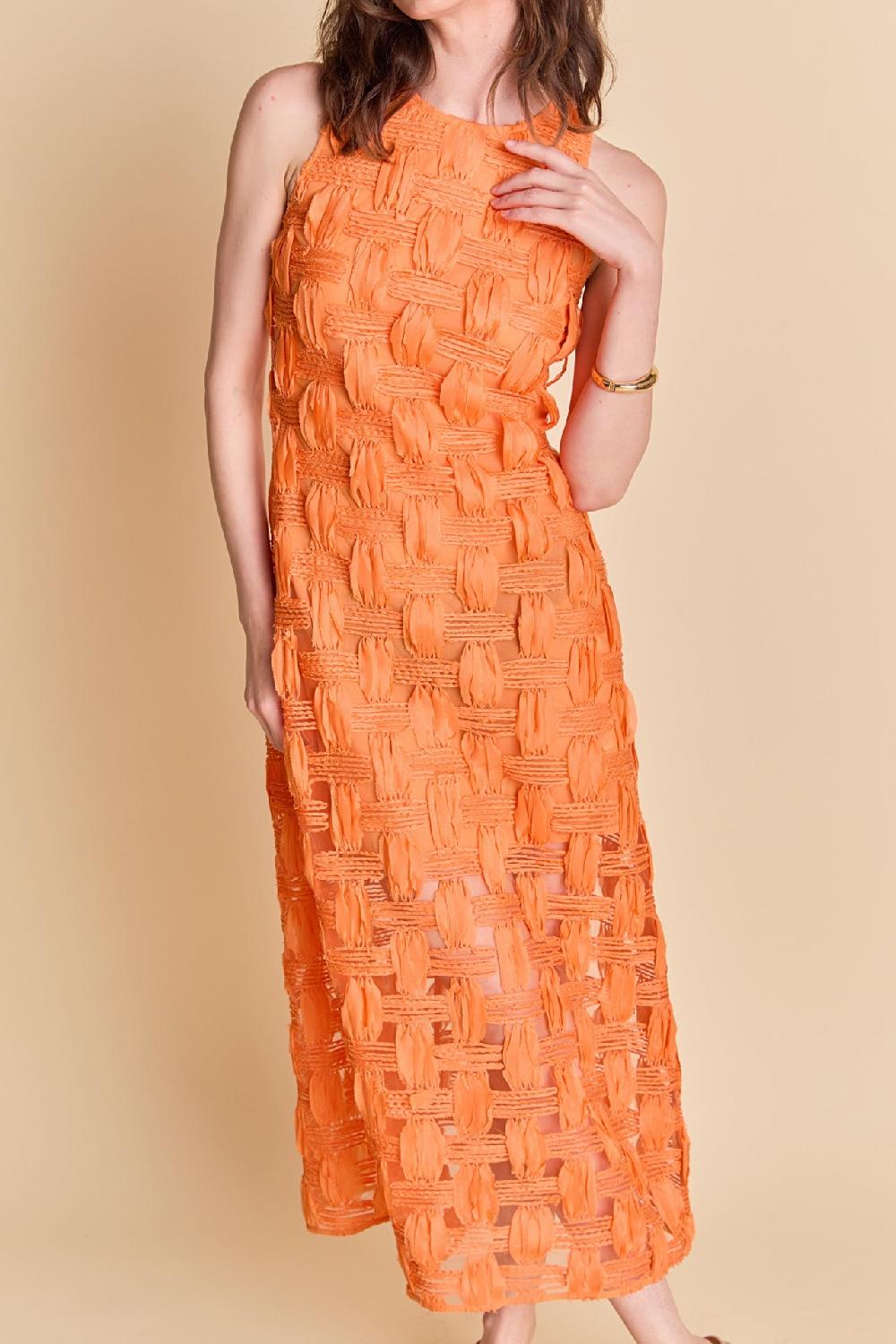 Endless Rose Grid Textured Sleeveless Midi Dress ORANGE