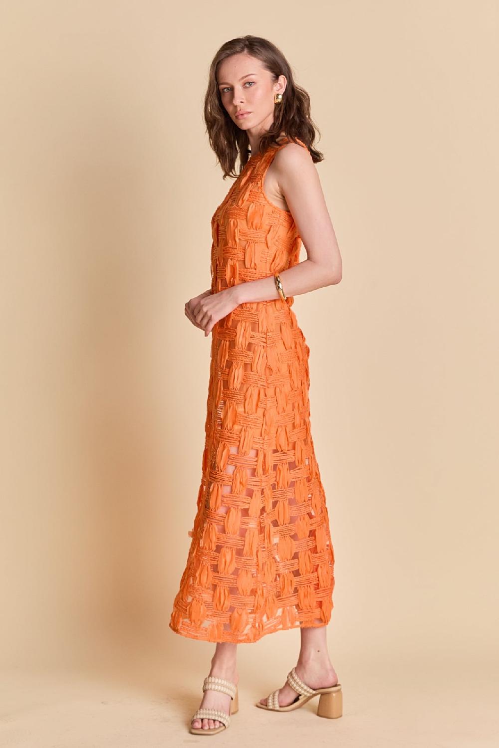 Endless Rose Grid Textured Sleeveless Midi Dress ORANGE