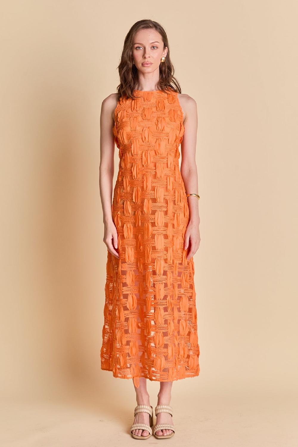 endless rose Grid Textured Sleeveless Midi Dress ORANGE