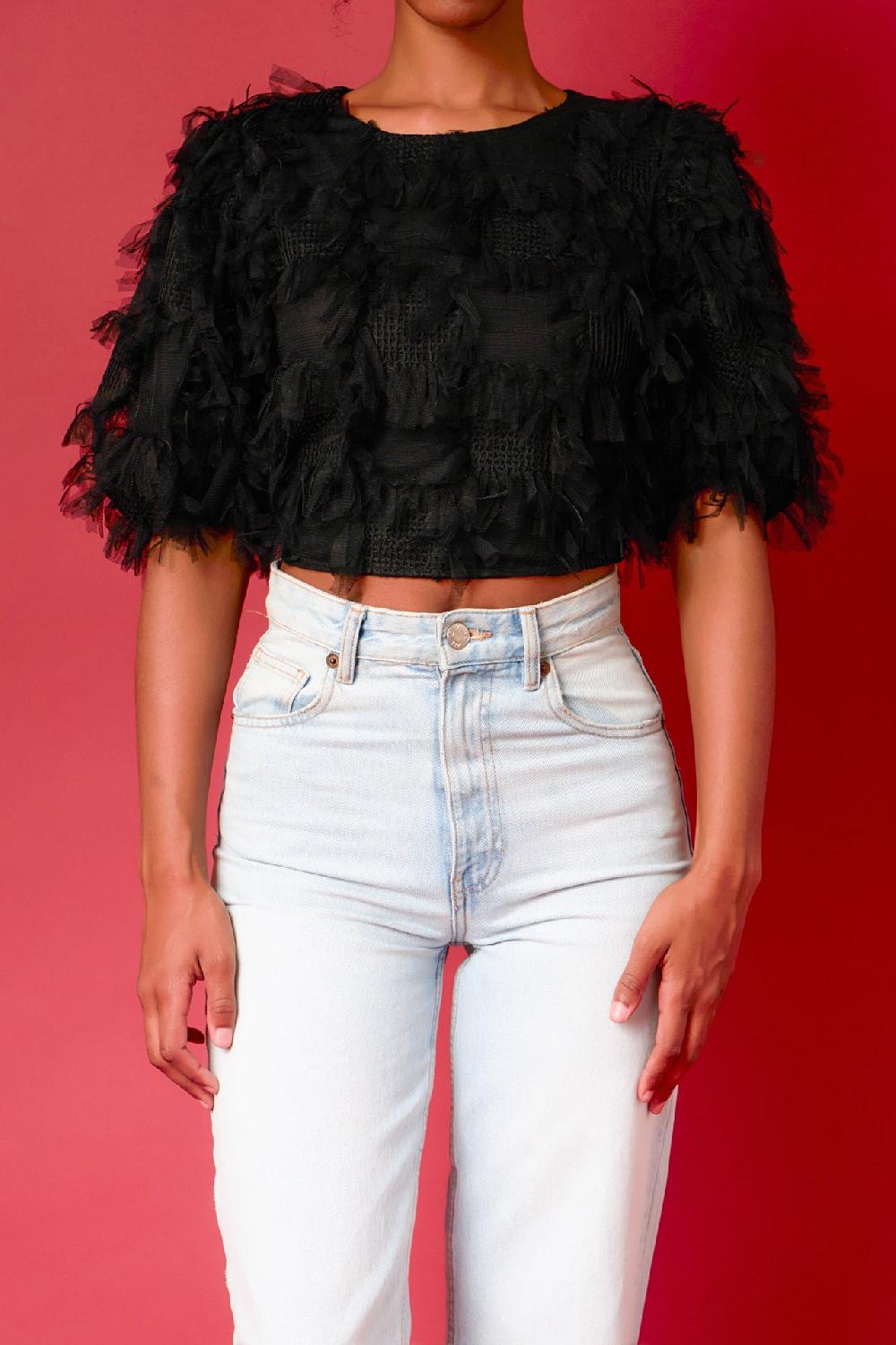 Endless Rose Gridded Mesh Feathered Cropped Top BLACK