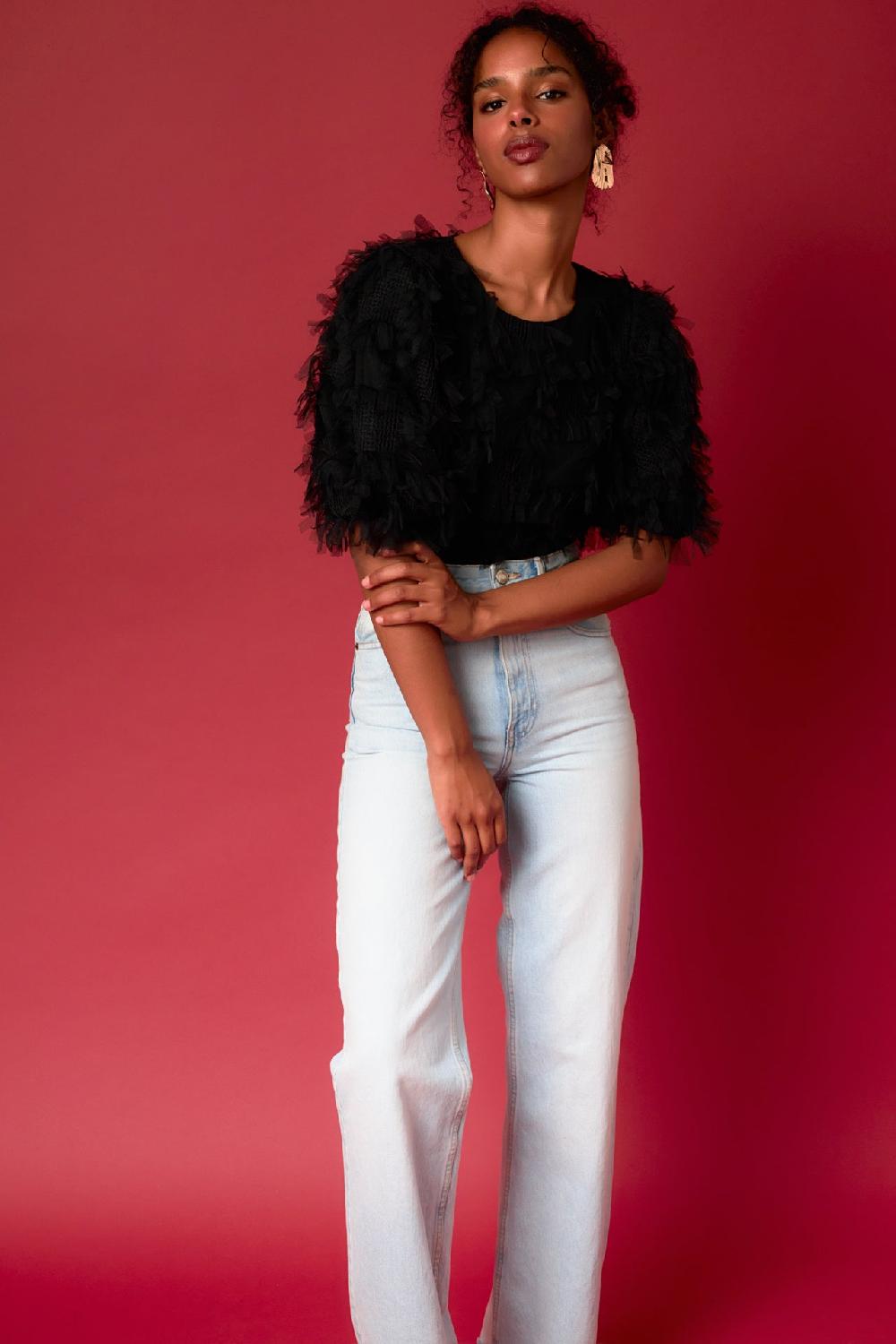 endless rose Gridded Mesh Feathered Cropped Top BLACK