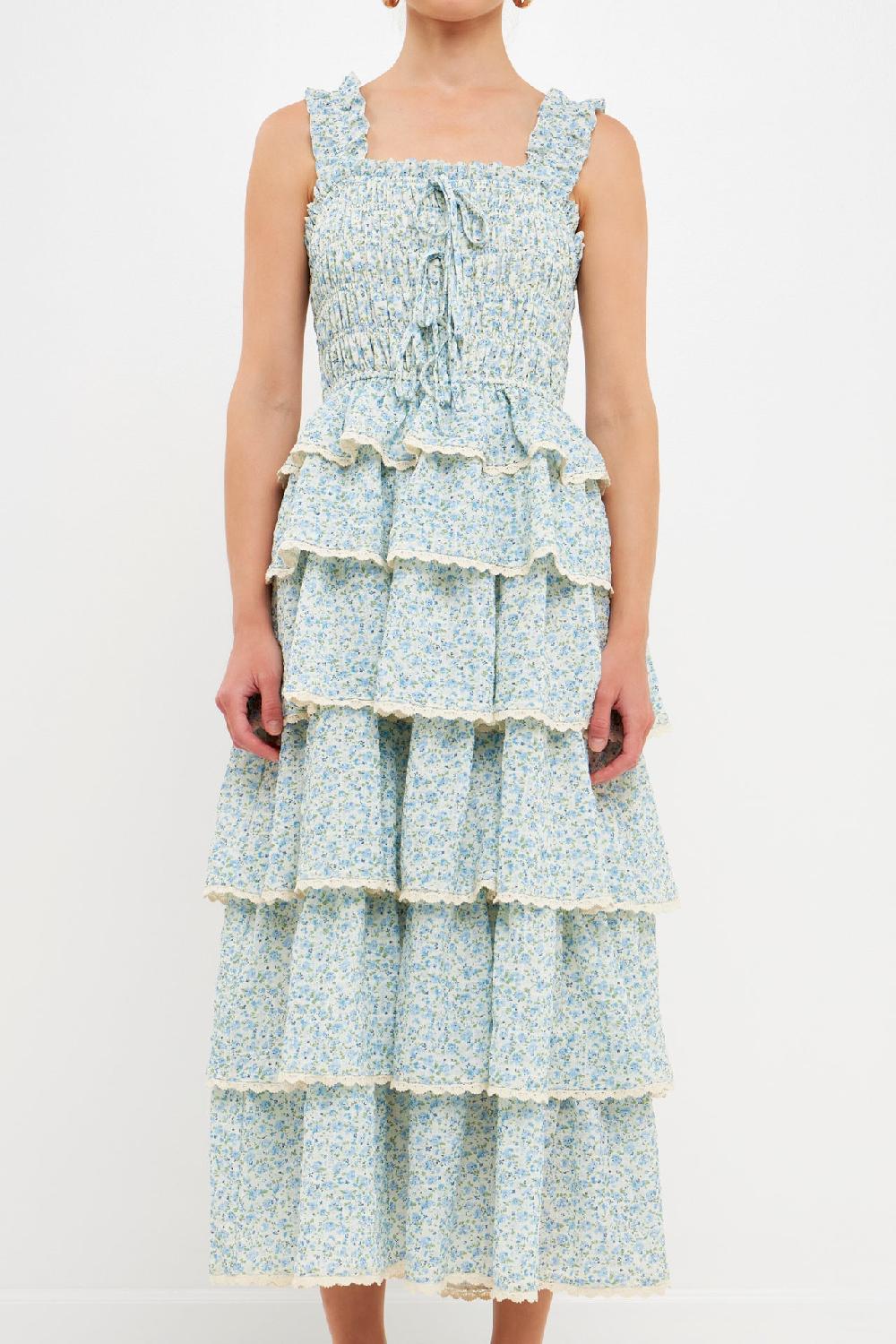 Endless Rose Gridded Texture Floral Smocked Tiered Maxi Dress BLUE