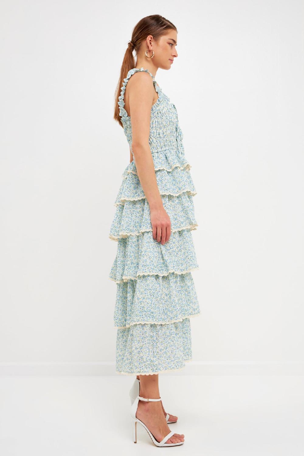 Endless Rose Gridded Texture Floral Smocked Tiered Maxi Dress BLUE