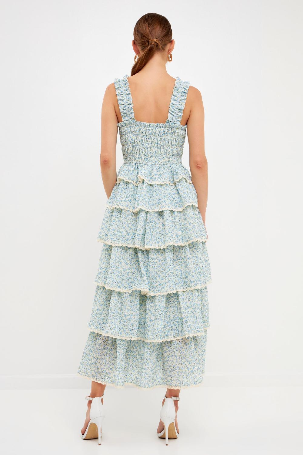Endless Rose Gridded Texture Floral Smocked Tiered Maxi Dress BLUE