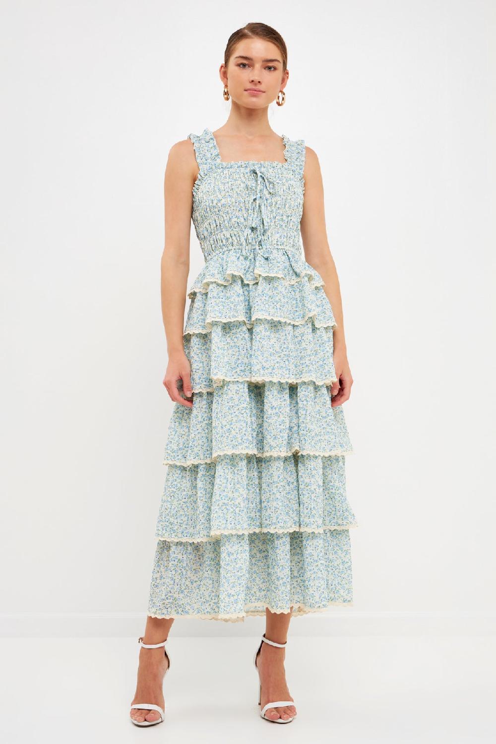 endless rose Gridded Texture Floral Smocked Tiered Maxi Dress BLUE
