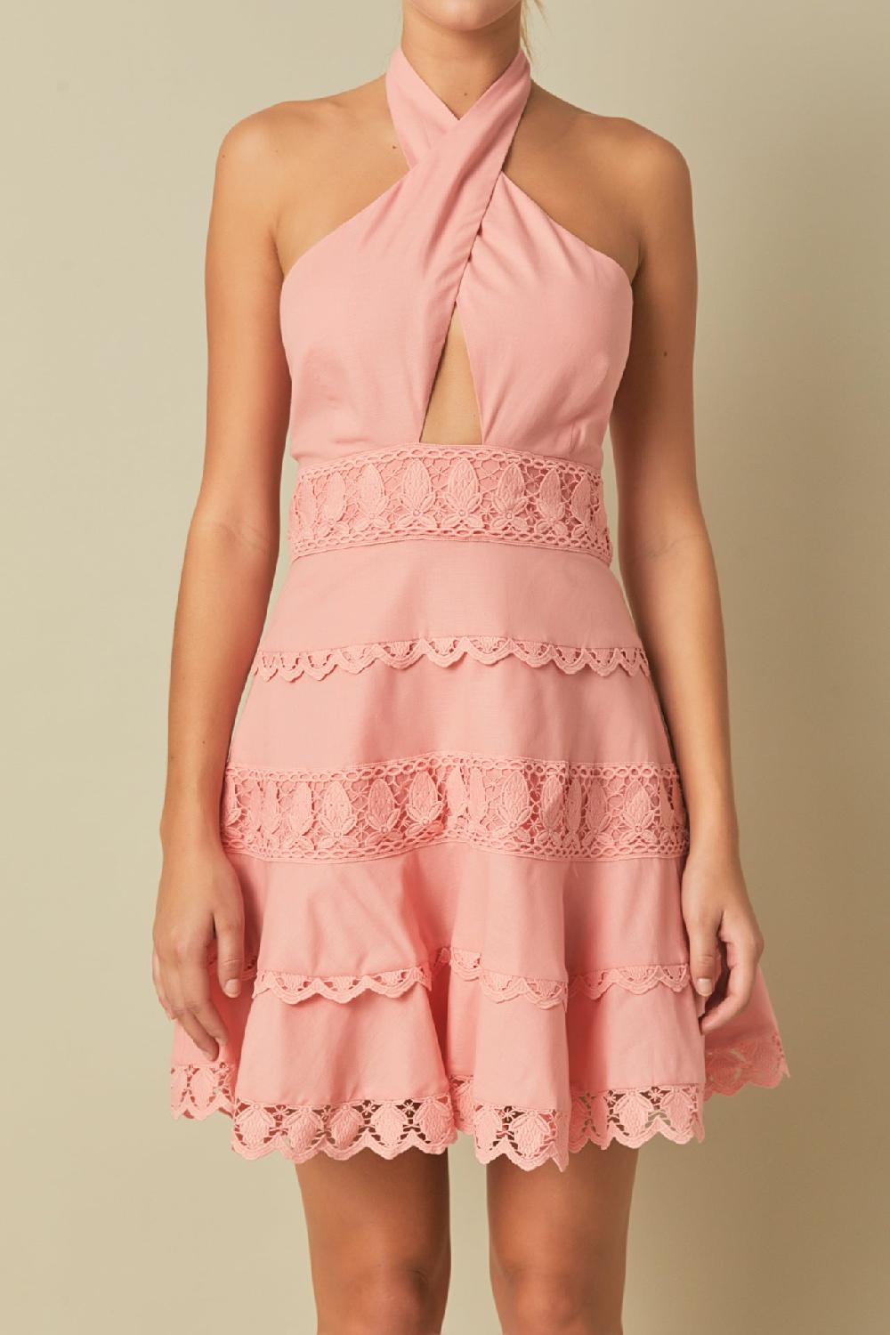 Endless Rose Halter Neck Lace Trim Dress CREAM PUFF