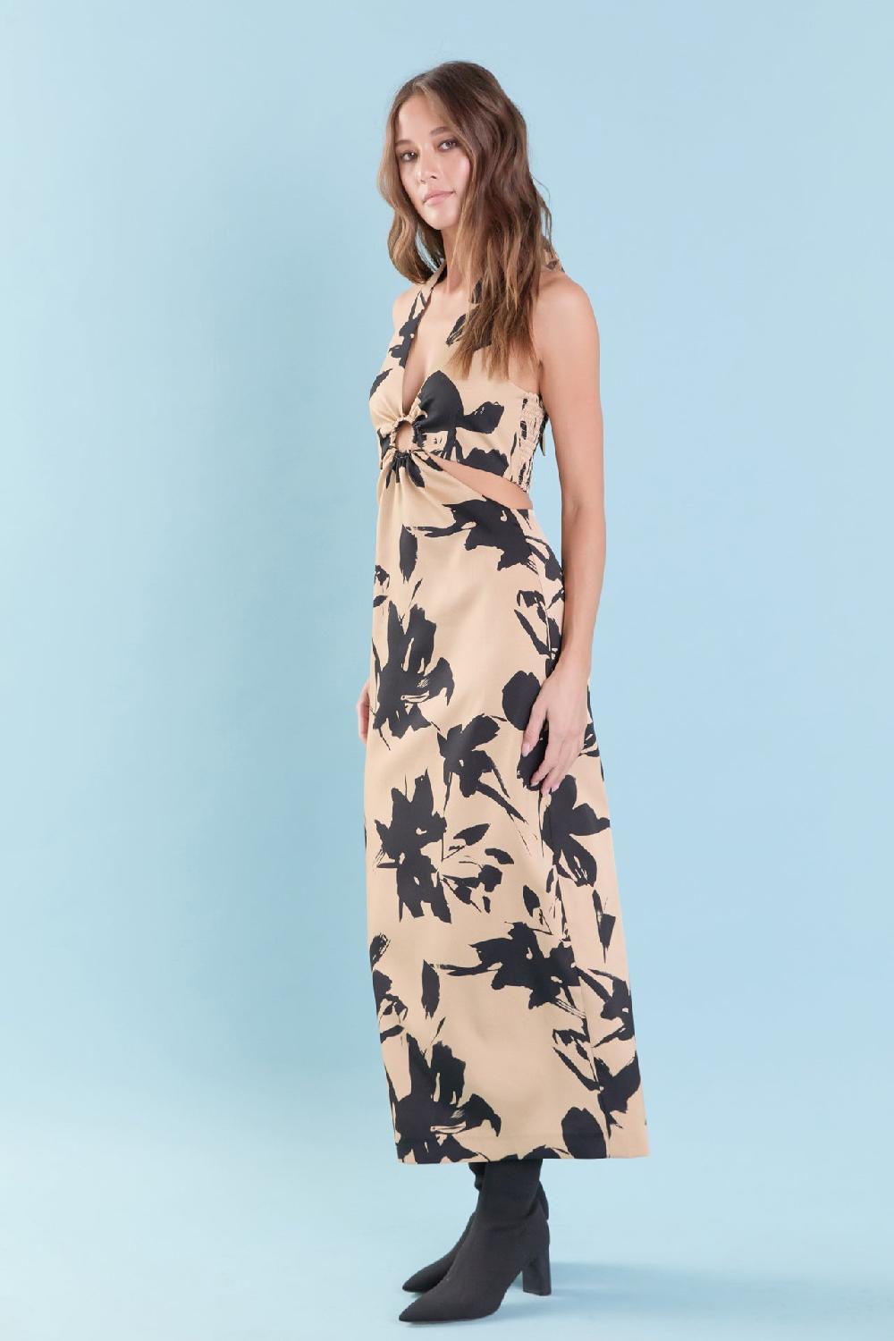 Endless Rose Halter Ring Printed Maxi Dress NUDE/BLACK