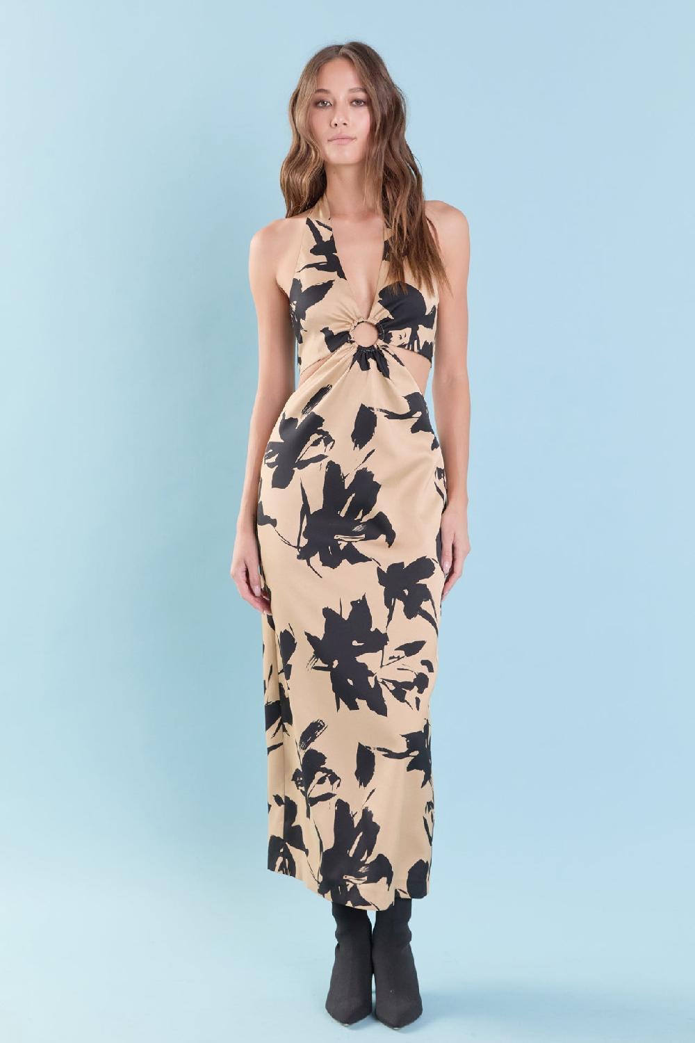 endless rose Halter Ring Printed Maxi Dress NUDE/BLACK