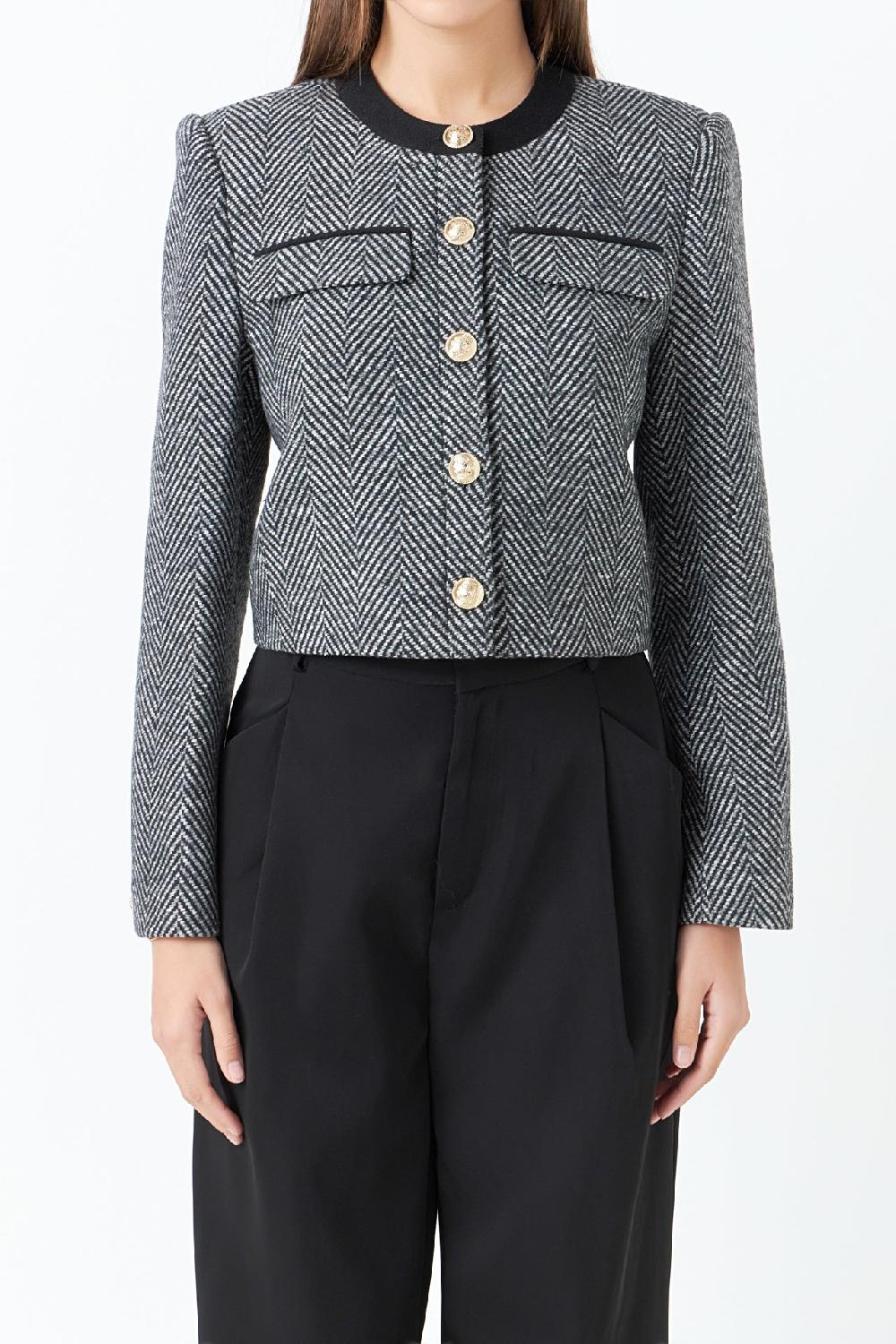 Endless Rose Herringbone Contrast Blazer BLACK/WHITE