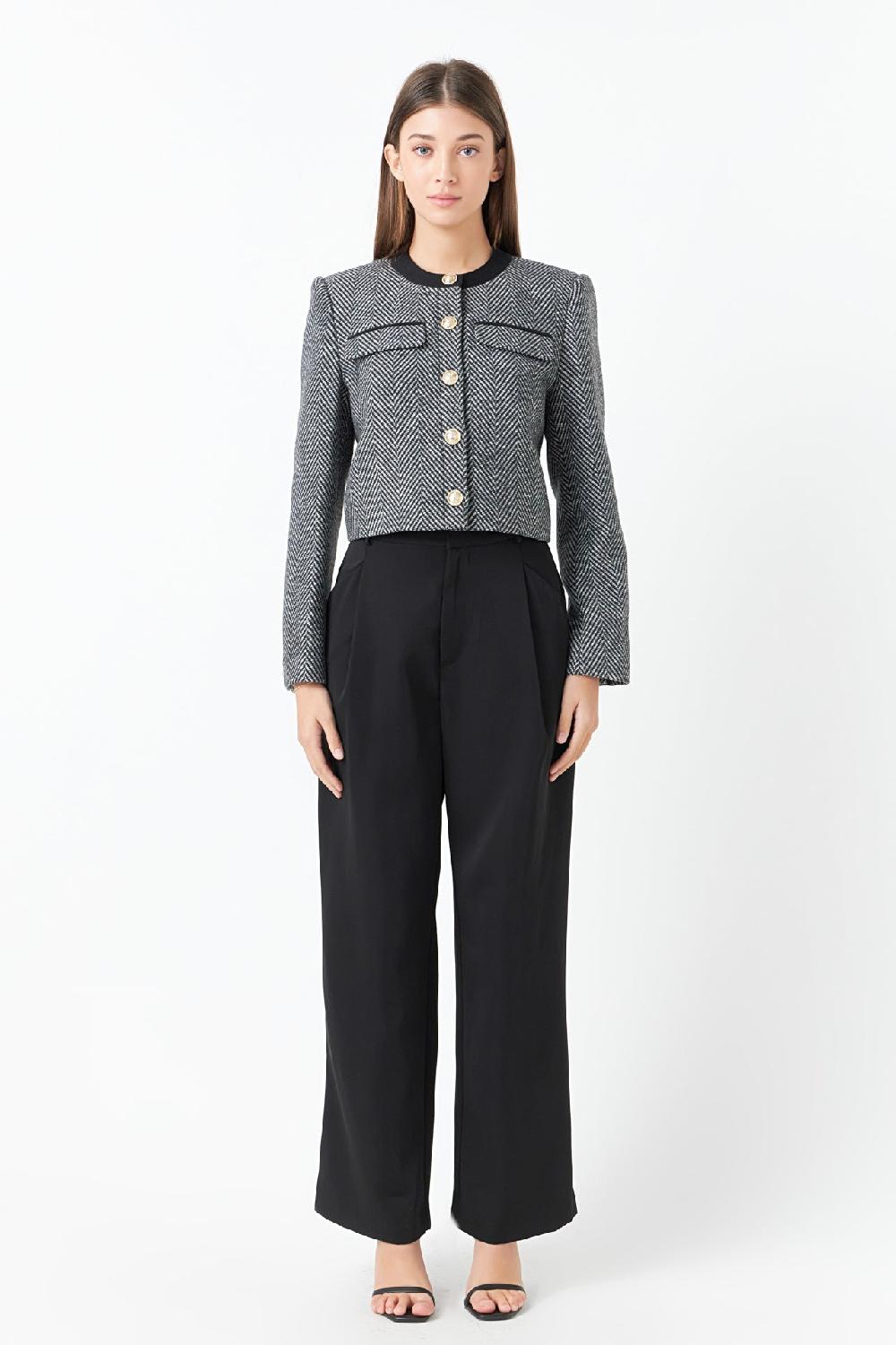 endless rose Herringbone Contrast Blazer BLACK/WHITE