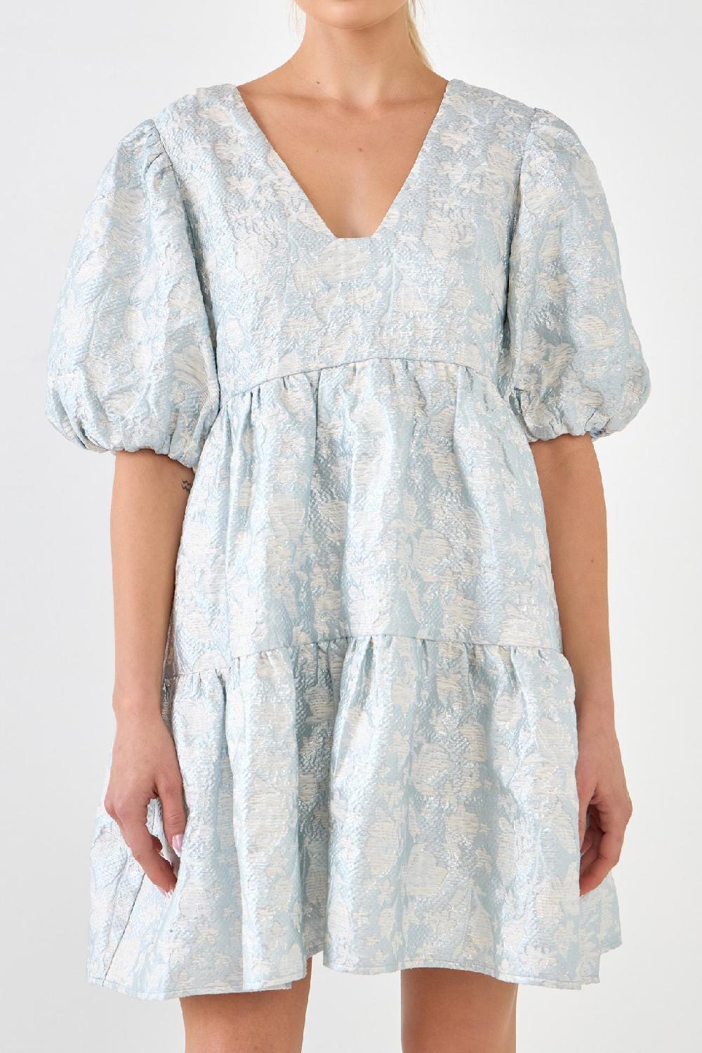 Endless Rose Jacquard Puff Sleeve High Low Dress BLUE