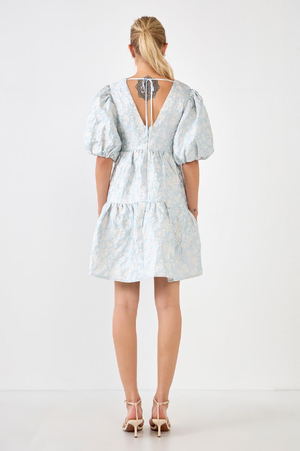 Endless Rose Jacquard Puff Sleeve High Low Dress BLUE