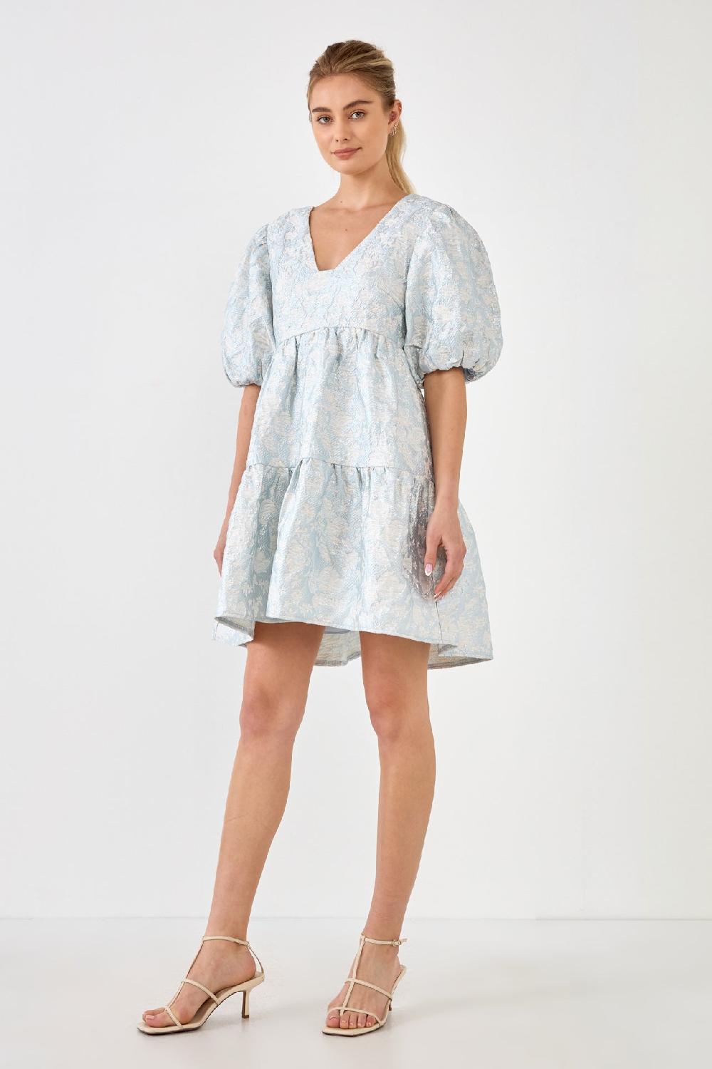 Endless Rose Jacquard Puff Sleeve High Low Dress BLUE