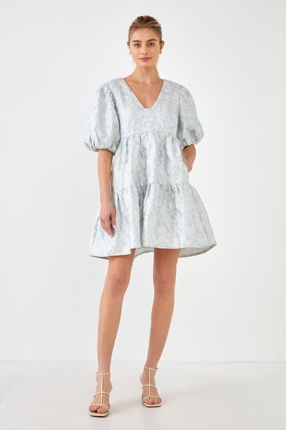 endless rose Jacquard Puff Sleeve High Low Dress BLUE
