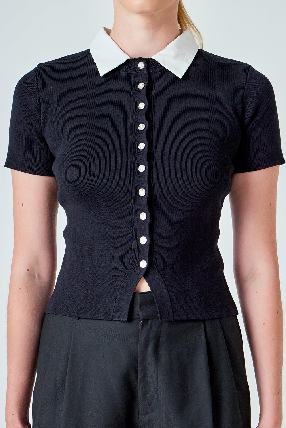 Endless Rose Jewel Buttoned Collared Color Block Top BLACK/IVORY