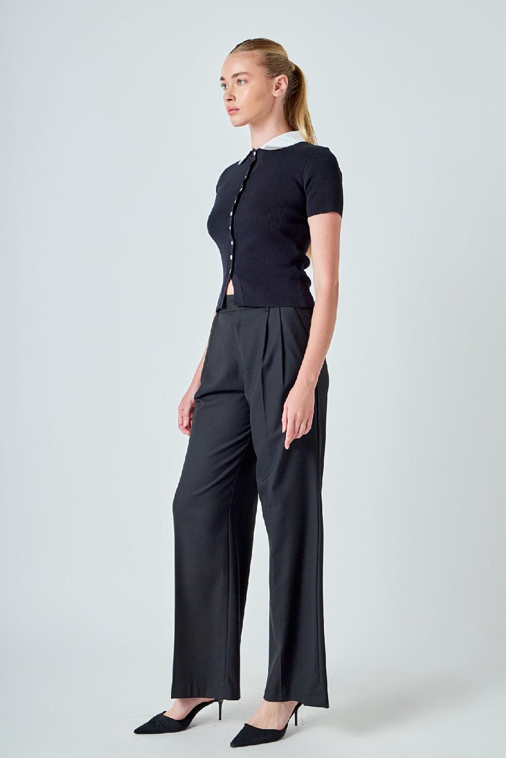 Endless Rose Jewel Buttoned Collared Color Block Top BLACK/IVORY