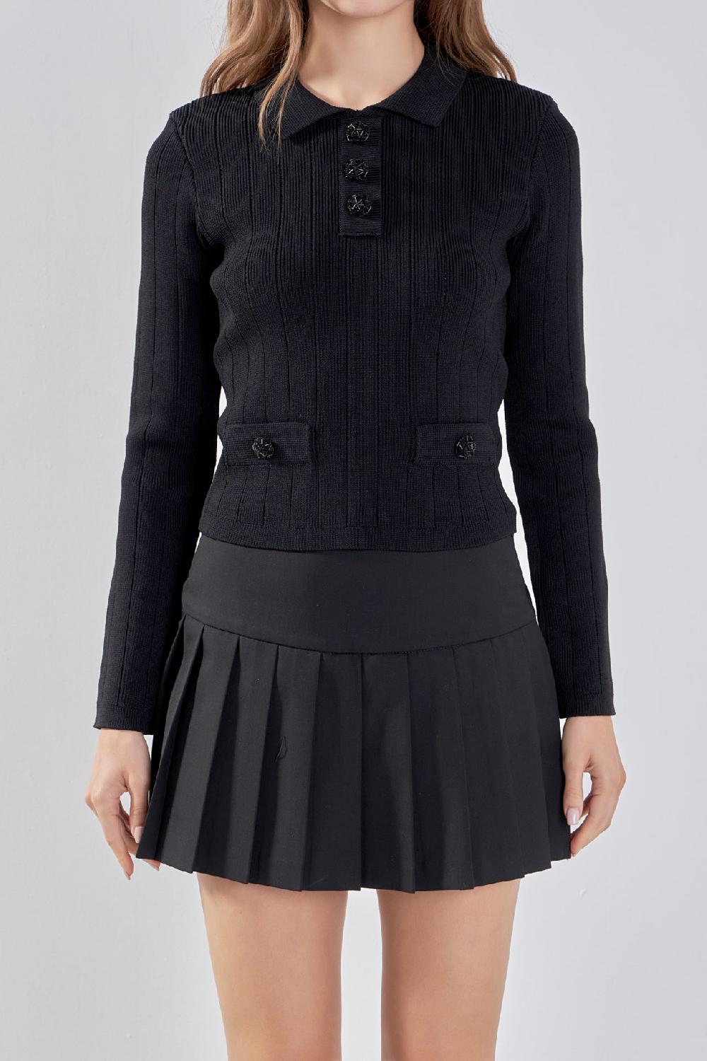 Endless Rose Jewel Buttoned Knit Long Sleeve Top BLACK
