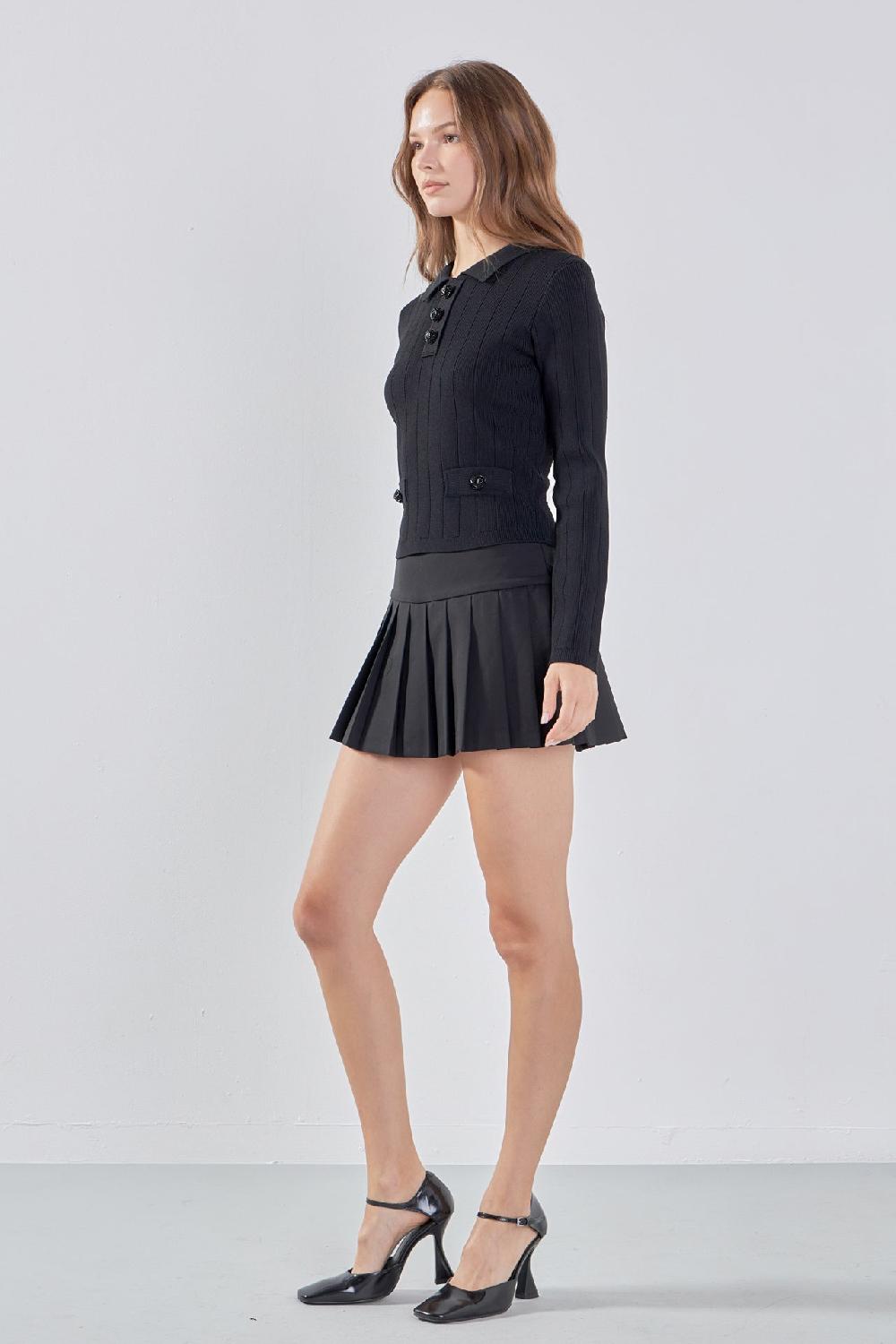 Endless Rose Jewel Buttoned Knit Long Sleeve Top BLACK