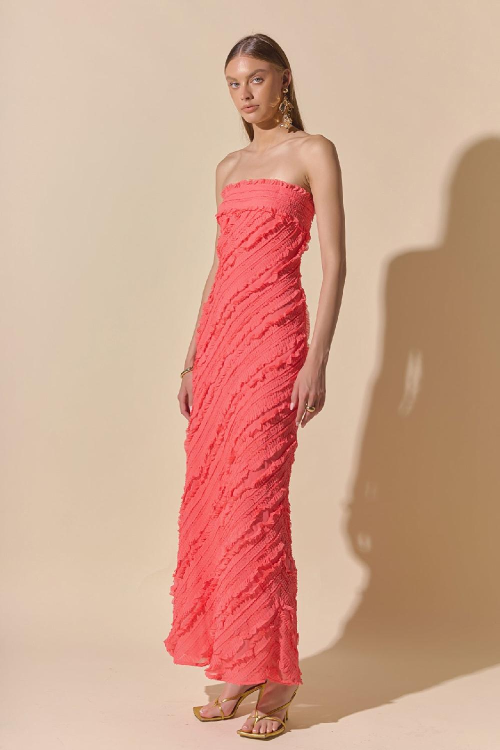 Endless Rose Juliette Strapless Ruffled Maxi Dress CORAL SALMON