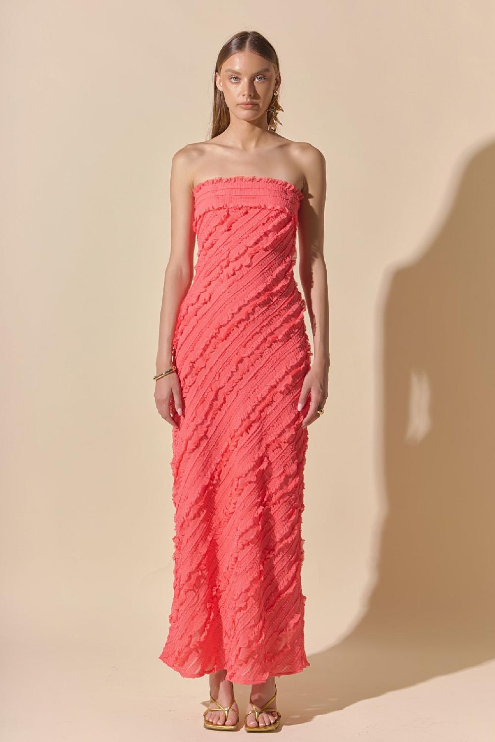 endless rose Juliette Strapless Ruffled Maxi Dress CORAL SALMON