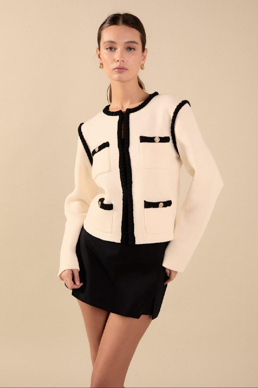 endless rose Kelly Long Sleeve Braided Knit Jacket CREAM/BLACK