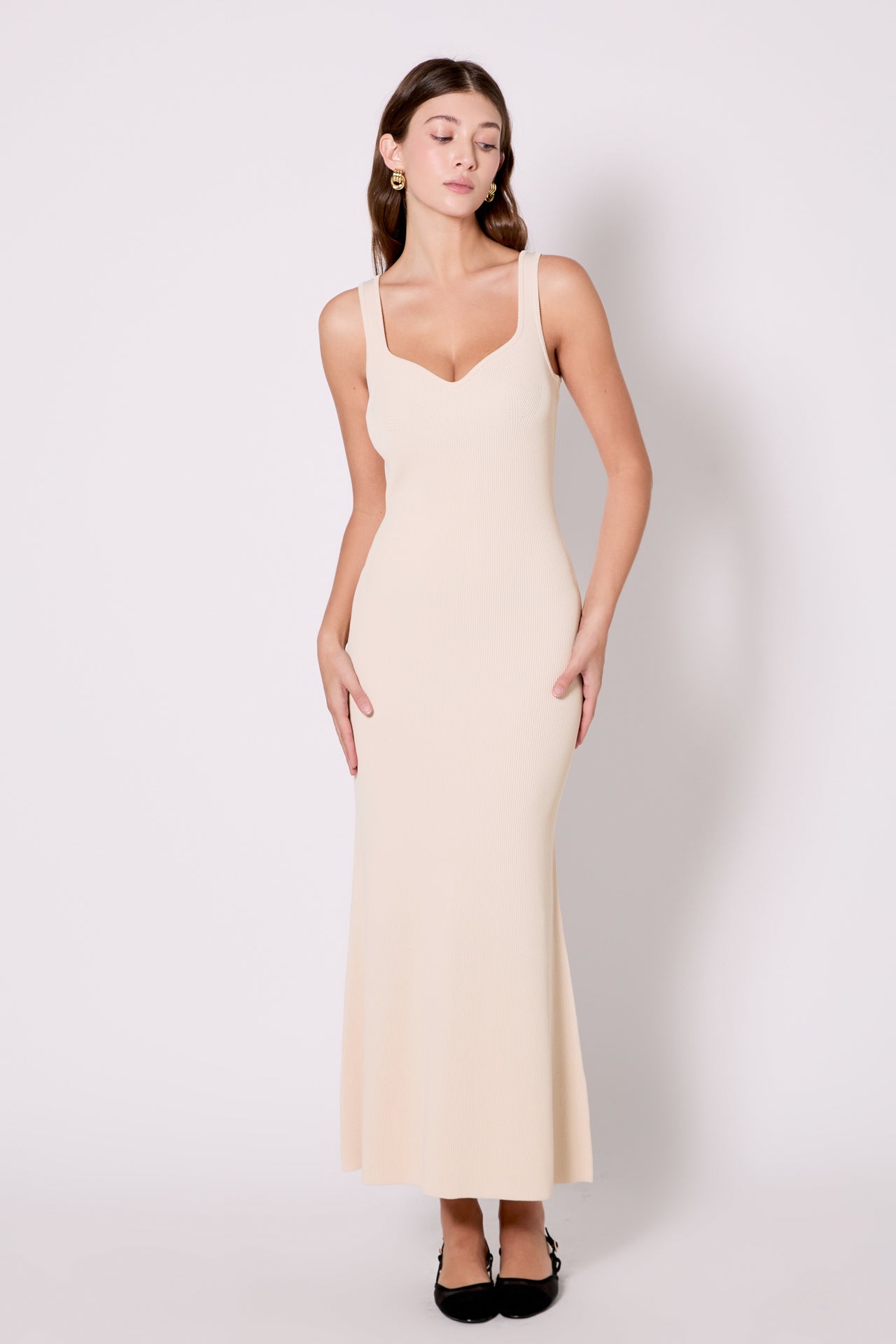 endless rose Kendall Sweetheart Neckline Ribbed Knit Maxi CREAM