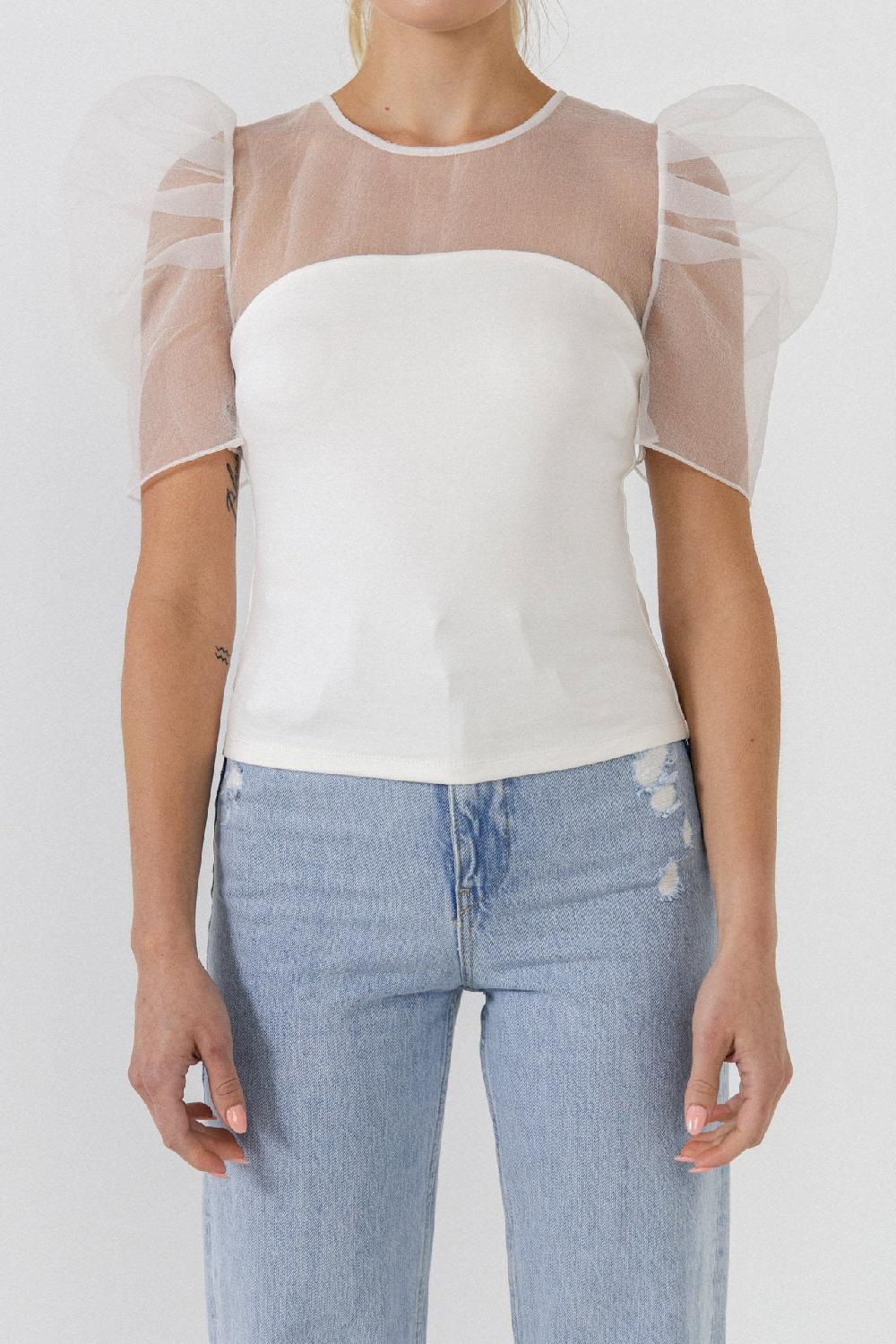 Endless Rose Knit With Organza Mixed Media Top WHITE