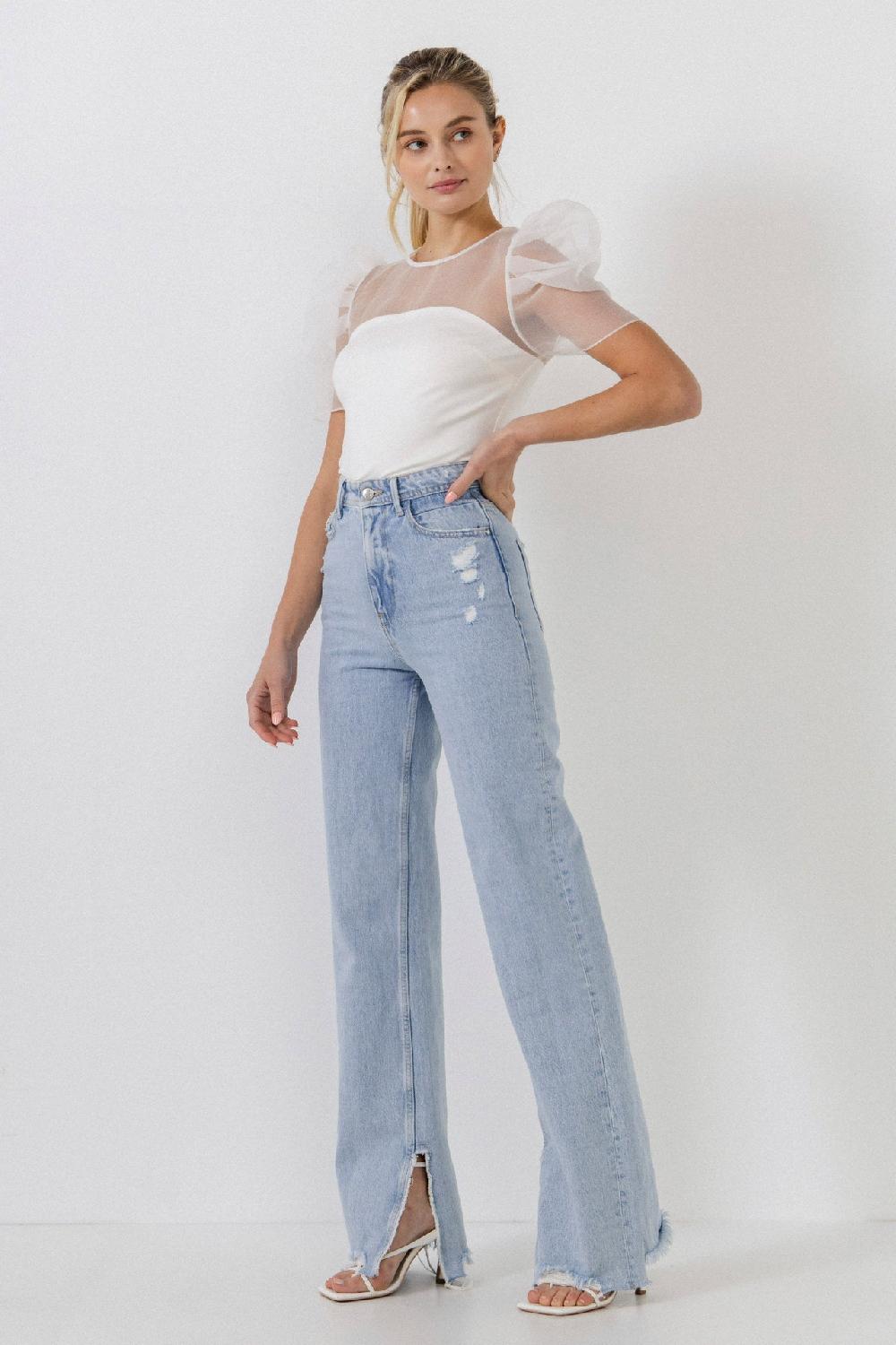 Endless Rose Knit With Organza Mixed Media Top WHITE