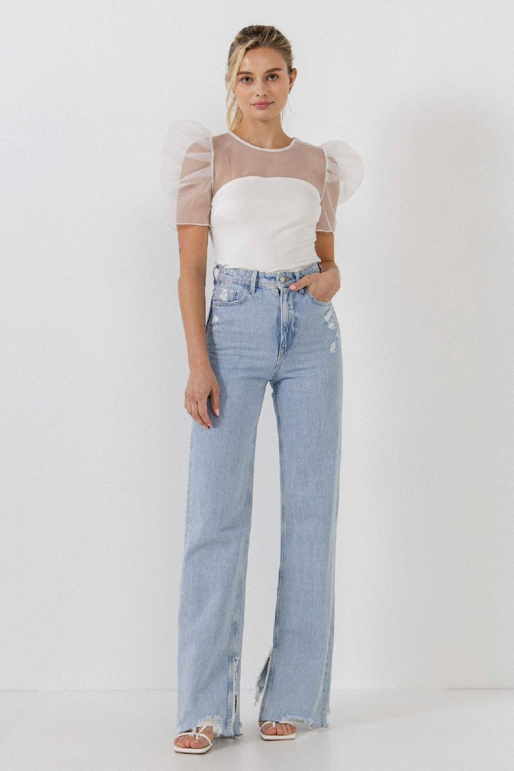 endless rose Knit with Organza Mixed Media Top WHITE