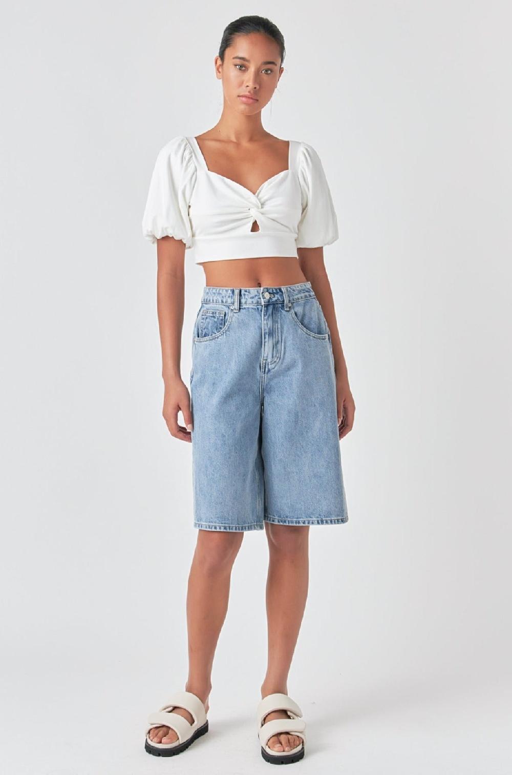 Endless Rose Knotted Top With Short Puff Sleeves WHITE