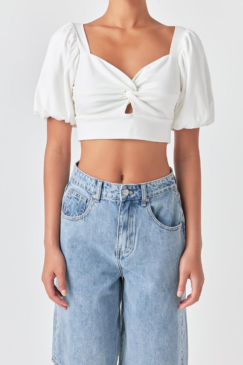 Endless Rose Knotted Top With Short Puff Sleeves WHITE