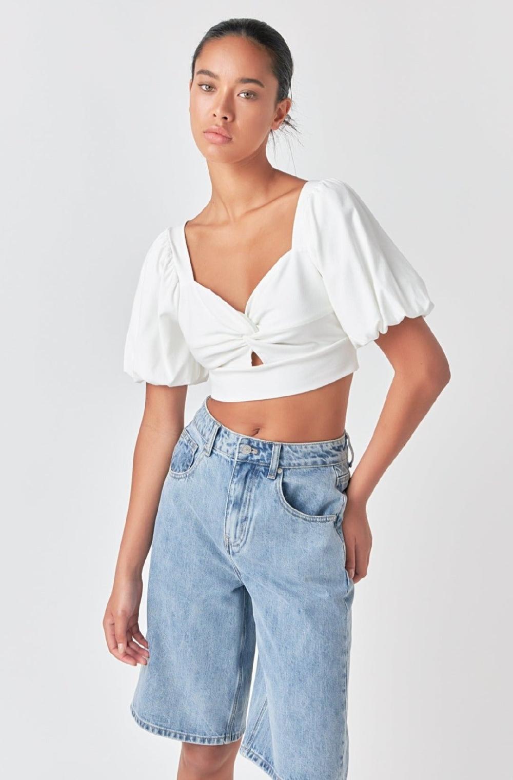 endless rose Knotted Top with Short Puff Sleeves WHITE