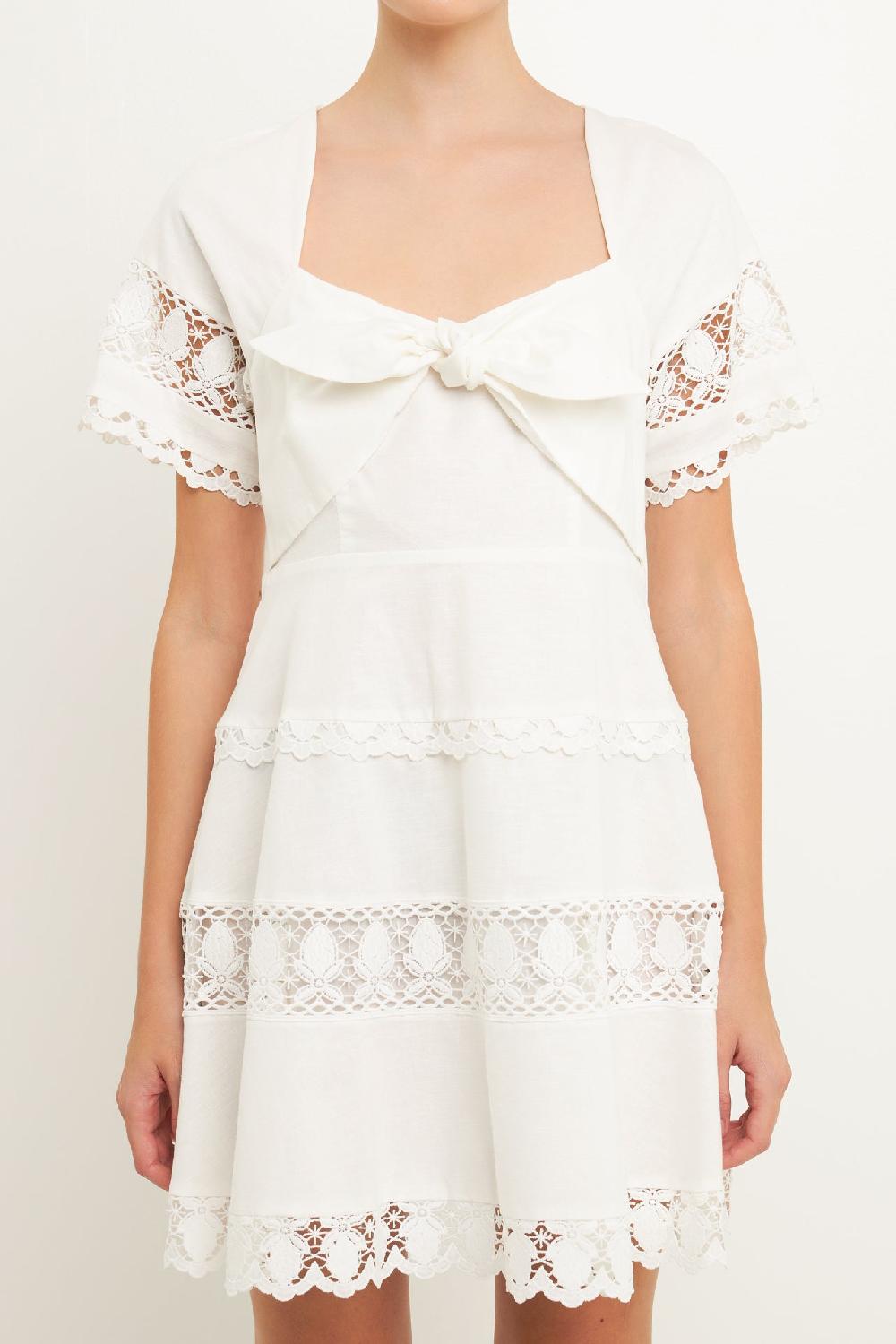 Endless Rose Lace Trim Mini Dress With Front Bow WHITE
