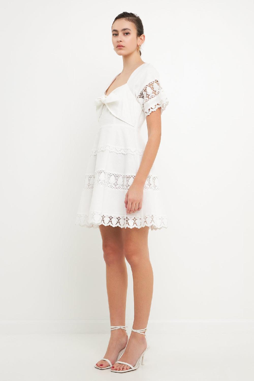 Endless Rose Lace Trim Mini Dress With Front Bow WHITE