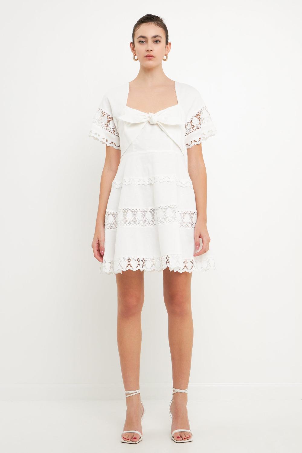 endless rose Lace Trim Mini Dress with Front Bow WHITE