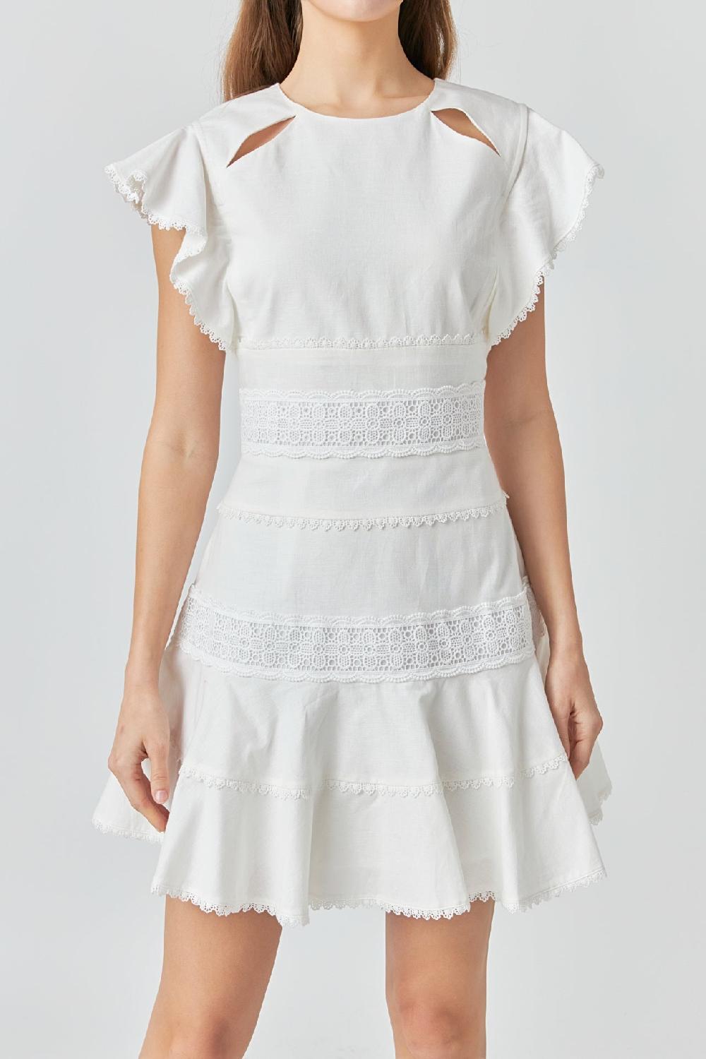 Endless Rose Lace Trimmed Ruffle Sleeve Dress With Cutout WHITE