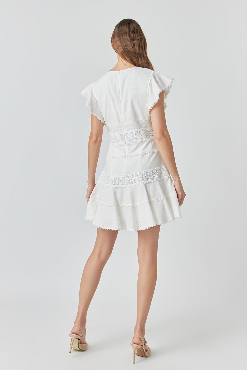 Endless Rose Lace Trimmed Ruffle Sleeve Dress With Cutout WHITE