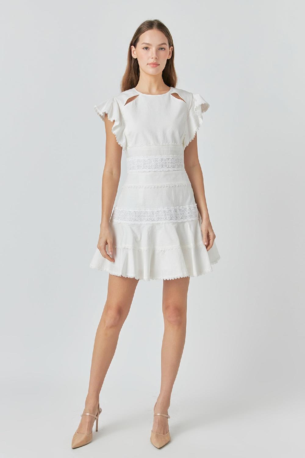 endless rose Lace Trimmed Ruffle Sleeve Dress with Cutout WHITE