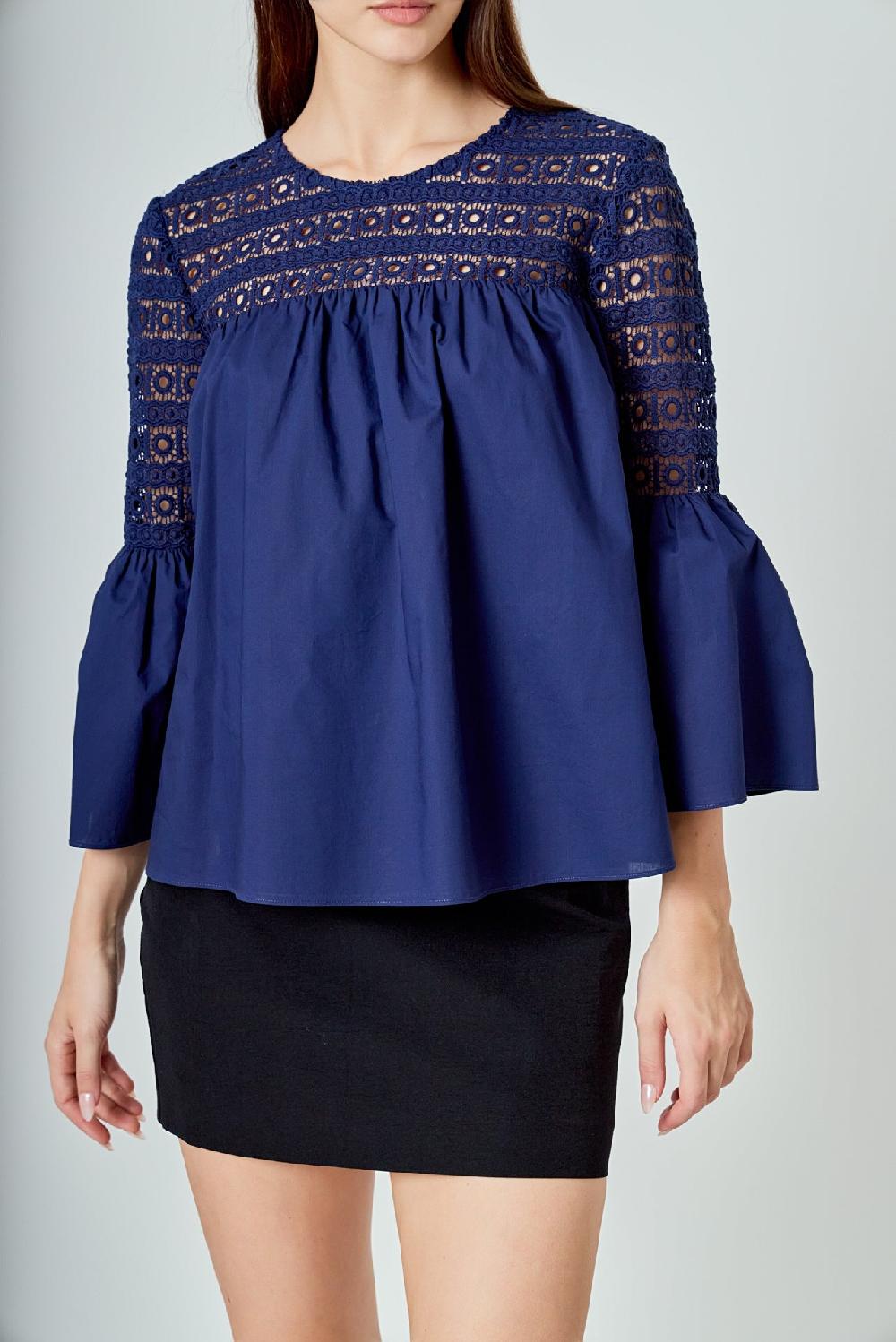 Endless Rose Lace With Poplin Bell Sleeve Blouse NAVY