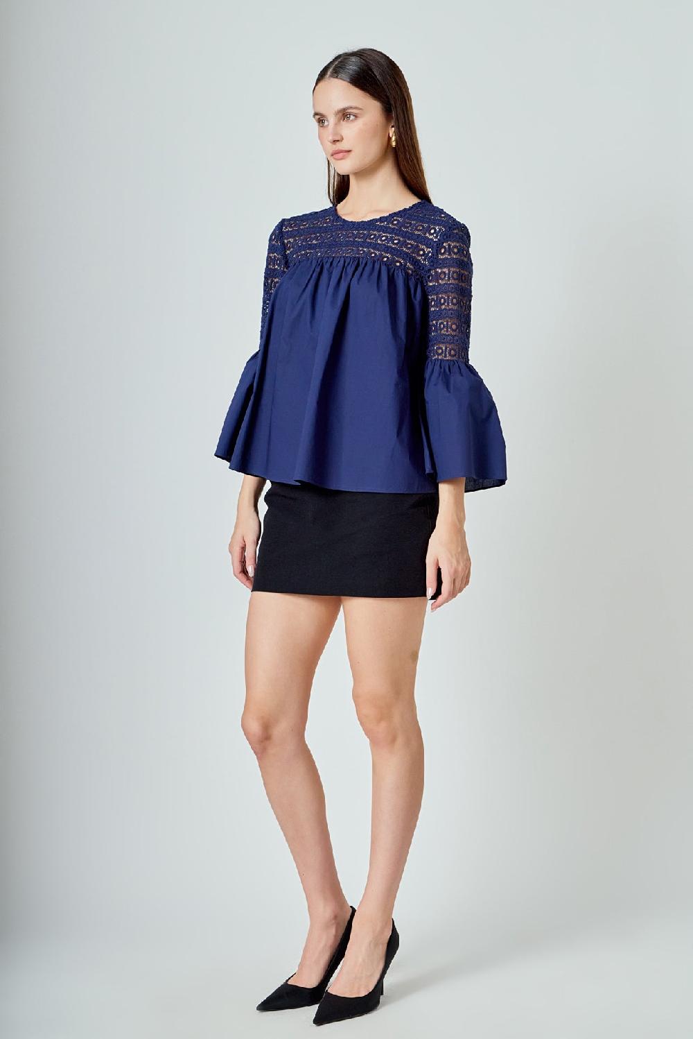 Endless Rose Lace With Poplin Bell Sleeve Blouse NAVY