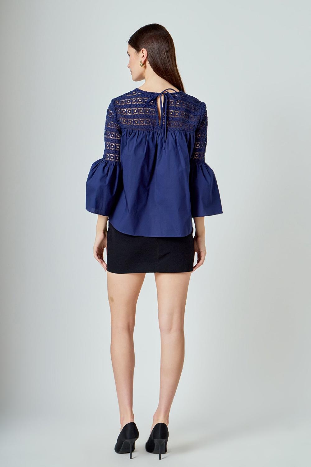 Endless Rose Lace With Poplin Bell Sleeve Blouse NAVY