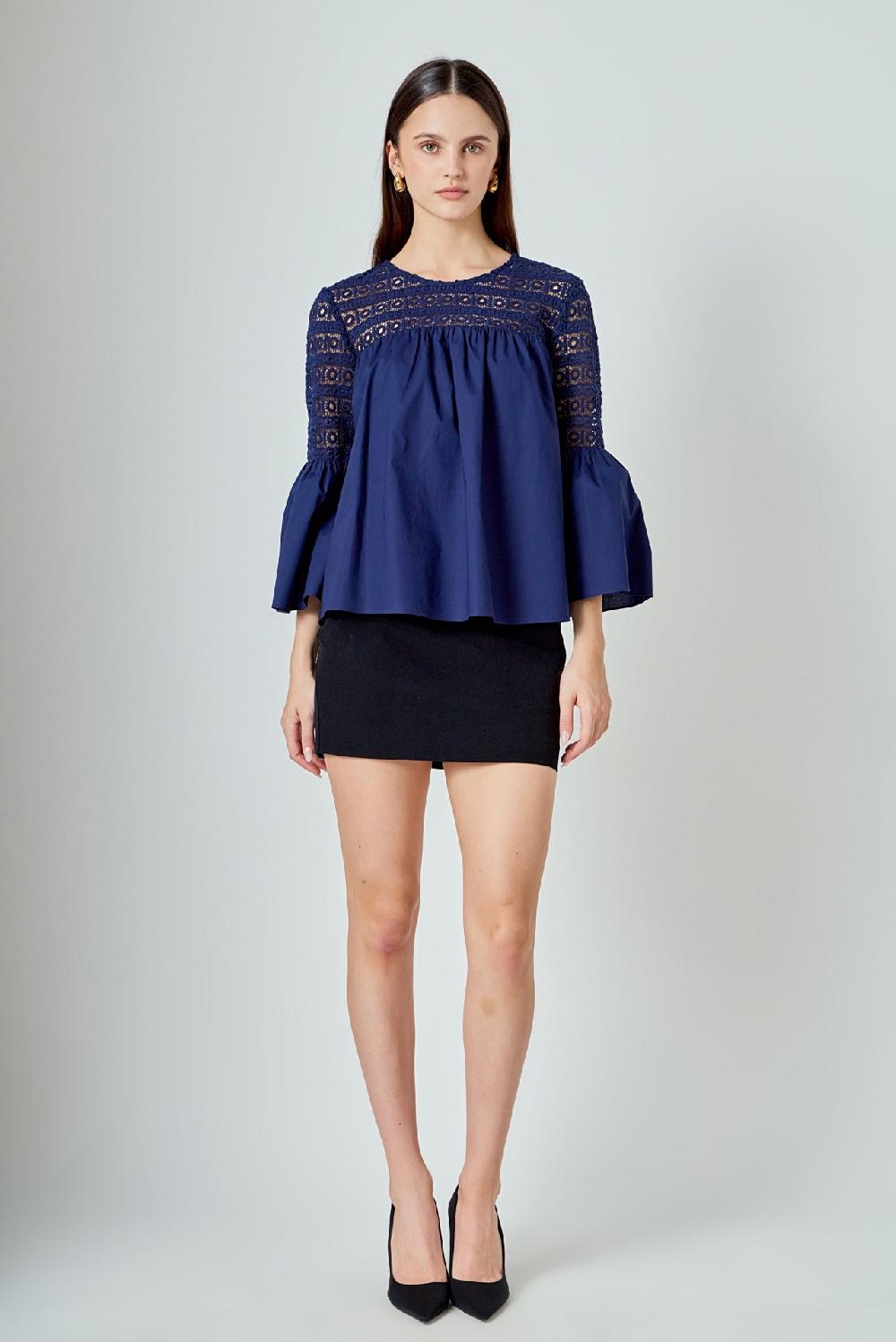 endless rose Lace with Poplin Bell Sleeve Blouse NAVY