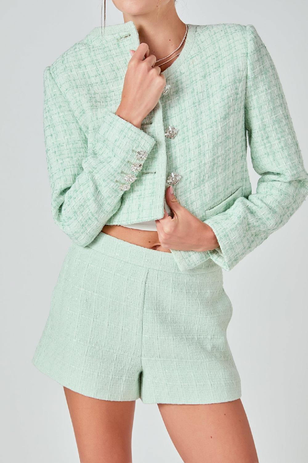 Endless Rose Lemi Tweed Jewel Buttoned Combo Jacket PISTACHIO