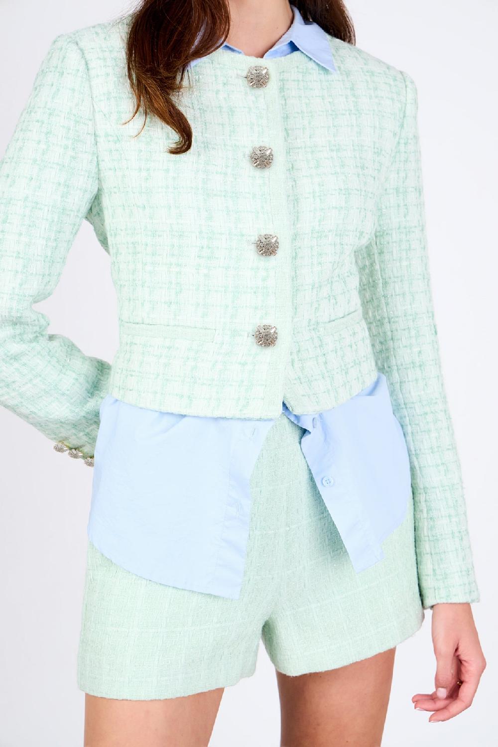 Endless Rose Lemi Tweed Jewel Buttoned Combo Jacket PISTACHIO