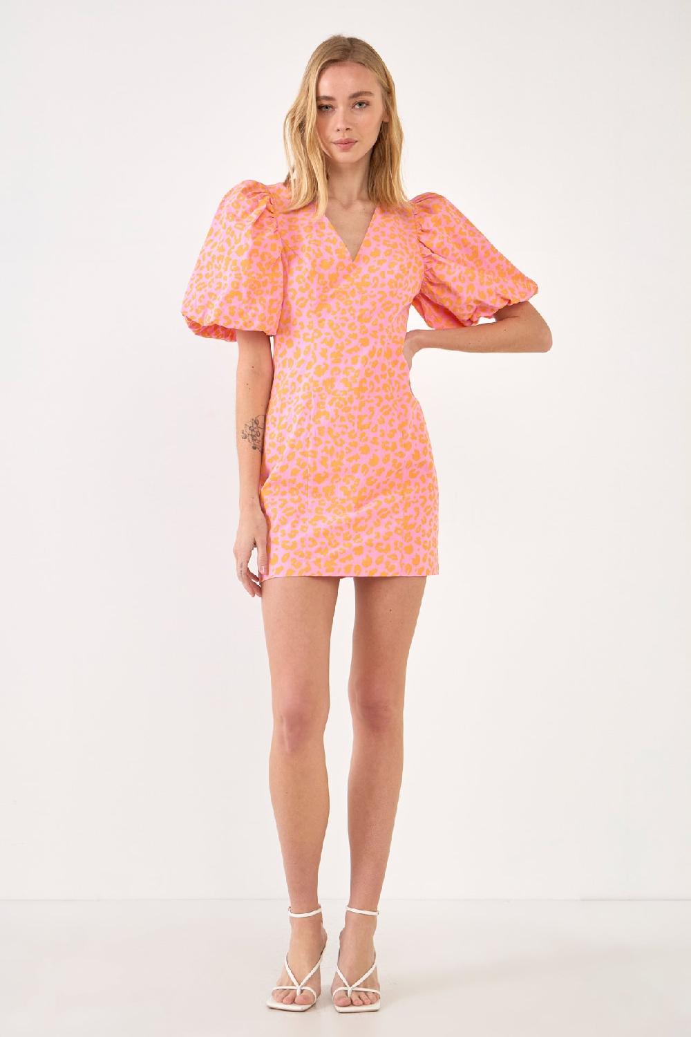 Endless Rose Leopard Printed Mini Dress With Puff Sleeves PINK/ORANGE