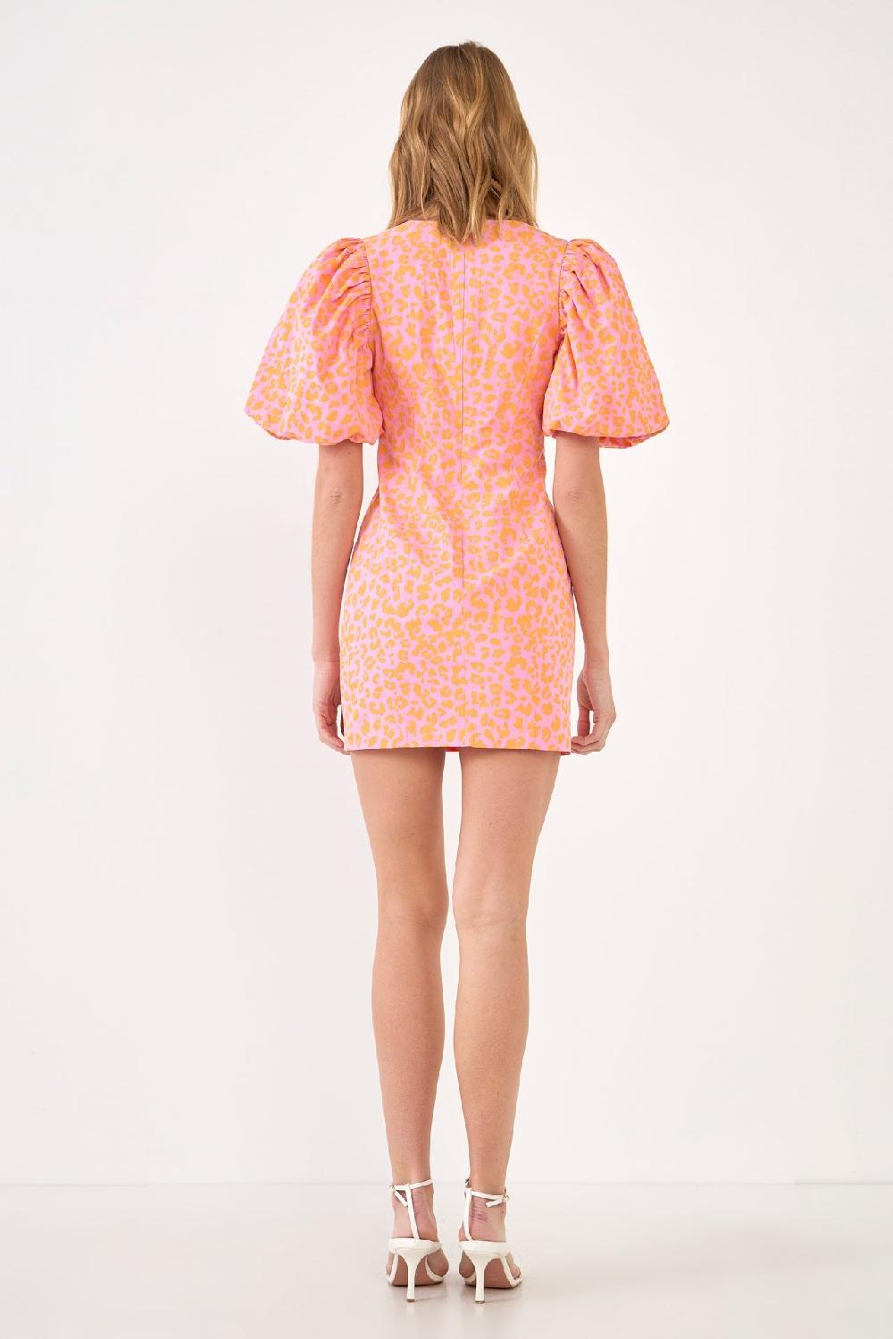 Endless Rose Leopard Printed Mini Dress With Puff Sleeves PINK/ORANGE