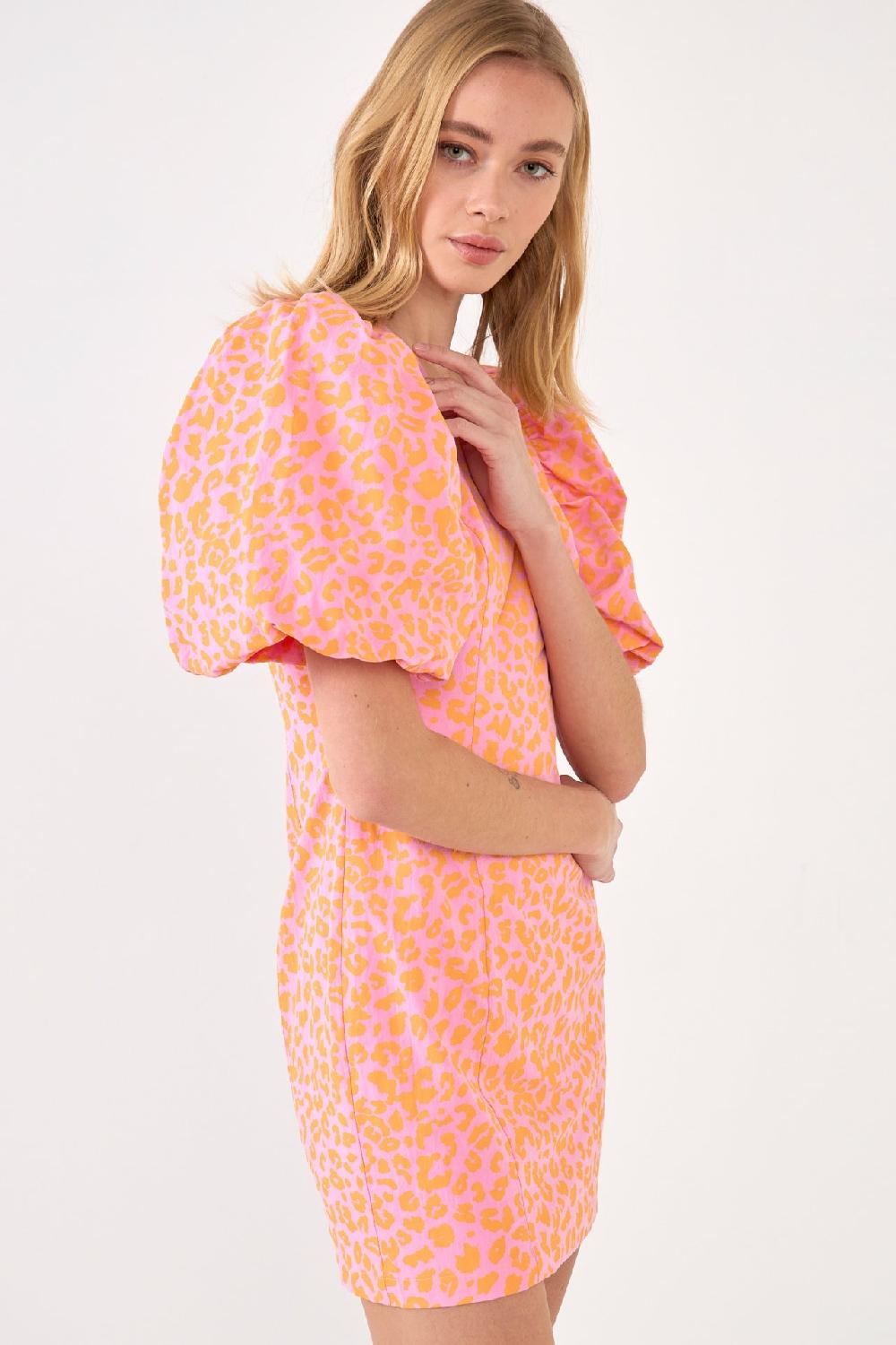 Endless Rose Leopard Printed Mini Dress With Puff Sleeves PINK/ORANGE