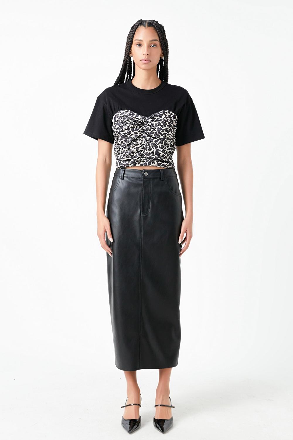 Endless Rose Leopard Shirred Cropped Top BLACK MULTI