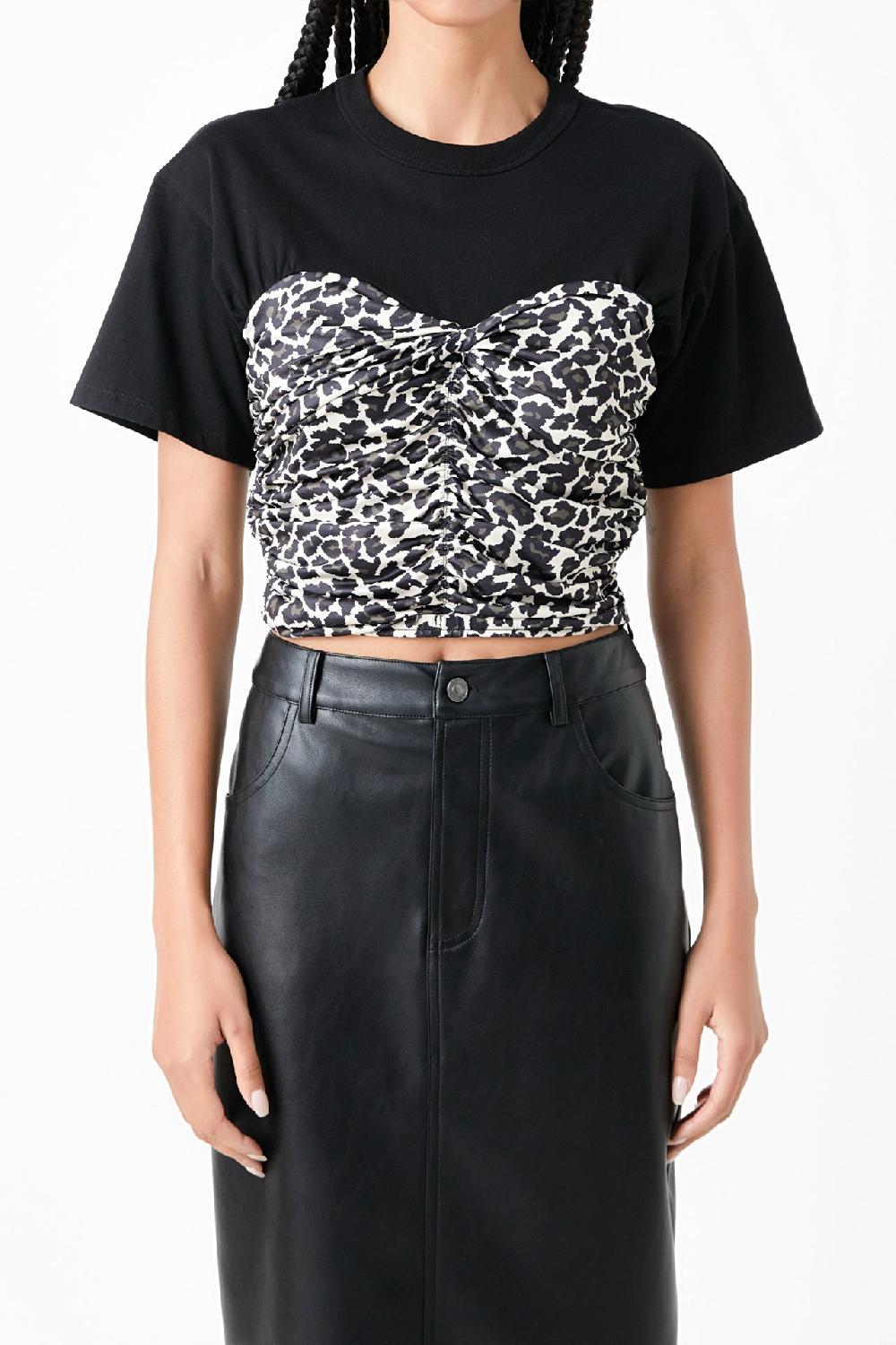 Endless Rose Leopard Shirred Cropped Top BLACK MULTI
